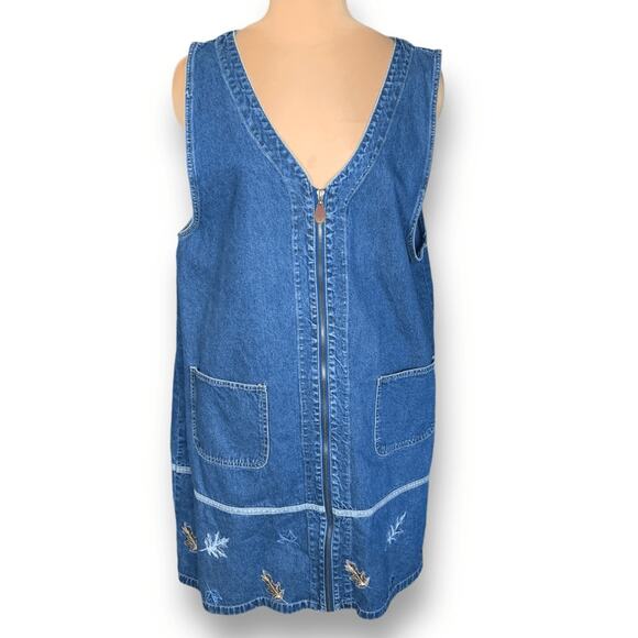 Vintage 90s Denim Jumper Dress Zip Front Autumn Leaf Embroidery Sleeveless Plus - Picture 3 of 12